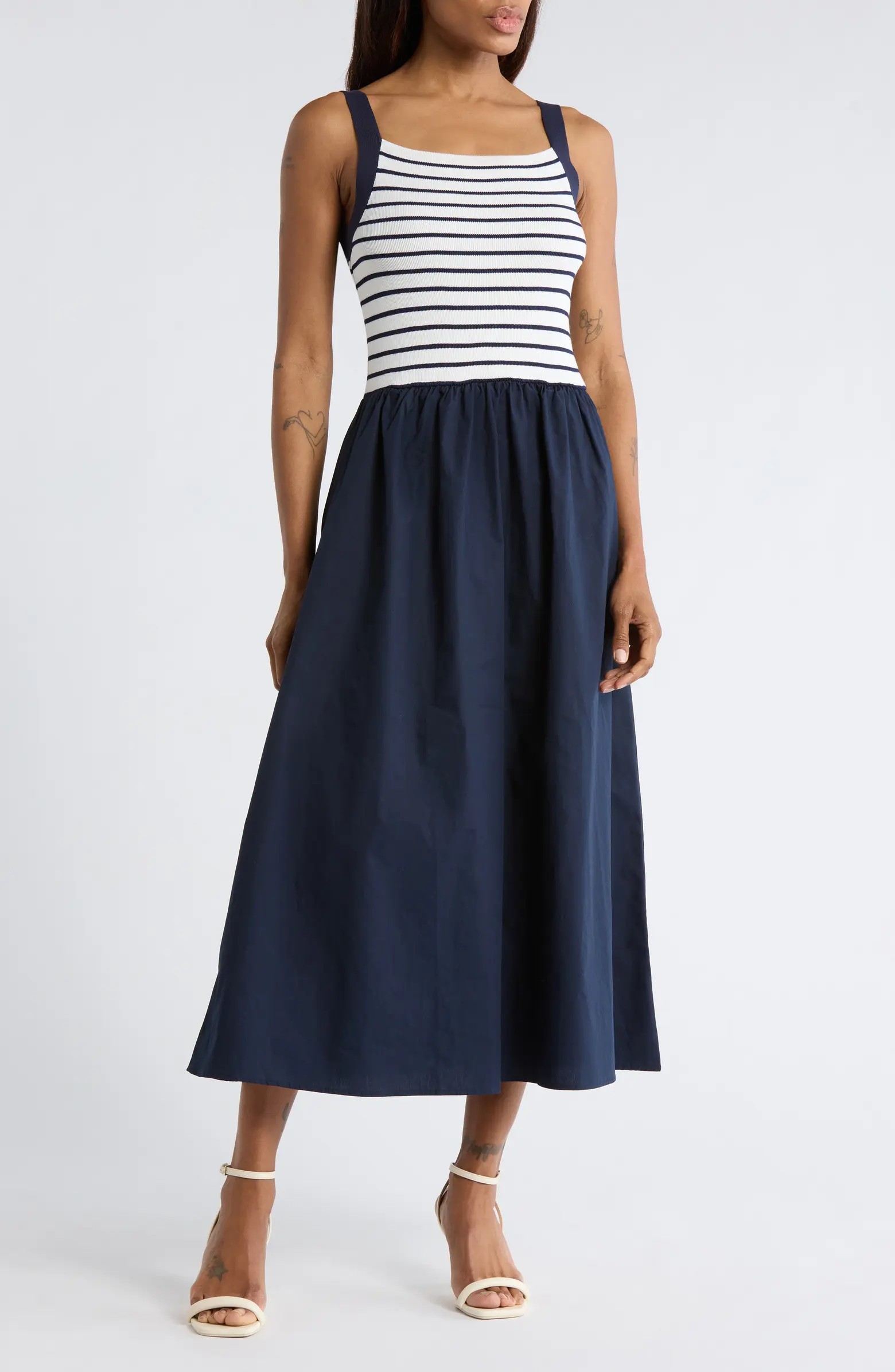 Blu Pepper Stripe Sleeveless Mixed Media Midi Dress | Nordstromrack | Nordstrom Rack