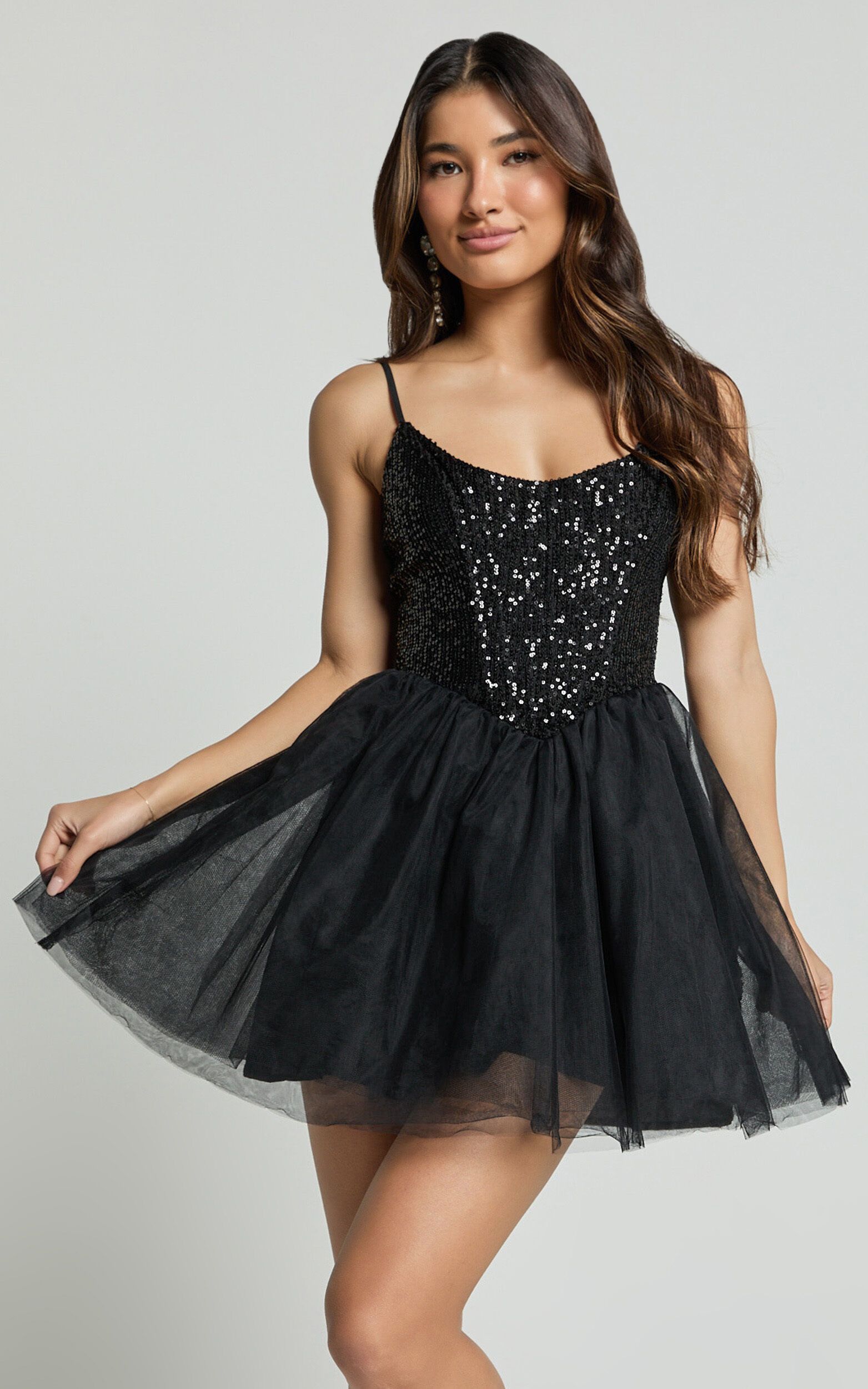 Violette Mini Dress - Sequin Corset Tulle Skirt Dress in Black | Showpo (US, UK & Europe)