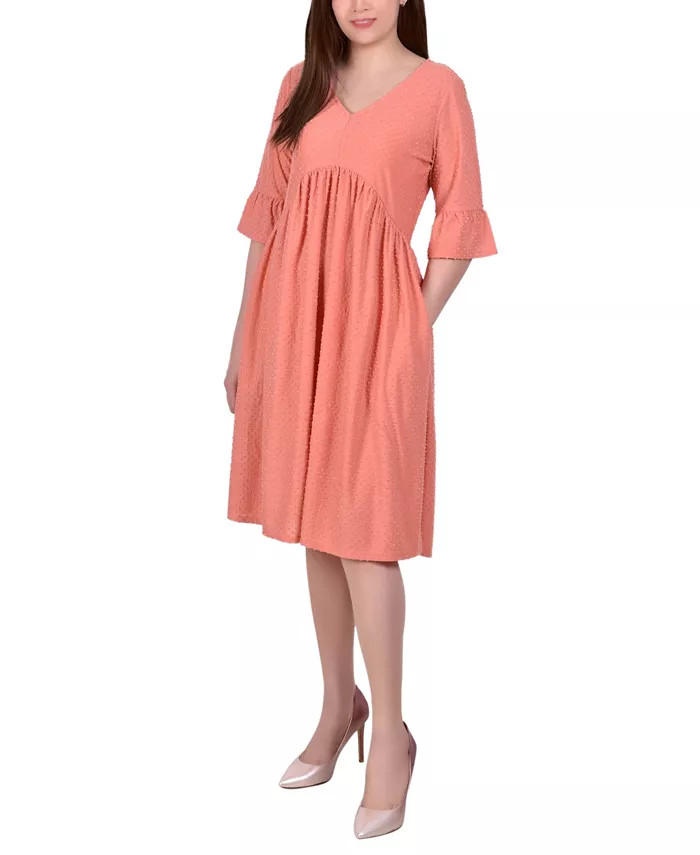 NY Collection Petite Elbow Sleeve Swiss Dot Empire Dress - Macy's | Macys (US)