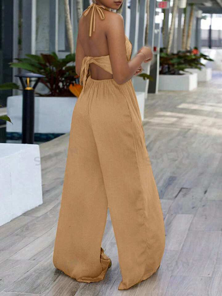 SHEIN Privé Combi-pantalon sexy pour femmes de unicolore avec croisements, dos ouvert, jambes la... | SHEIN