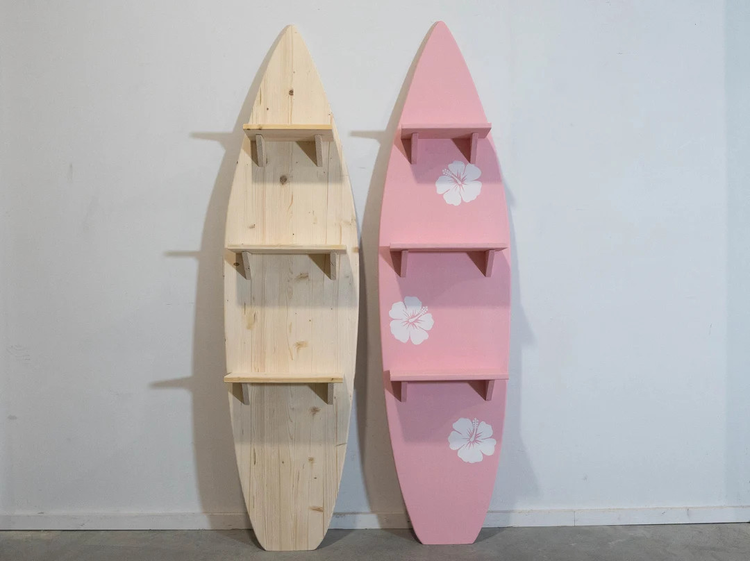 Decorative Surfboard Shelf With Hibiscus Accents in Baby Pink - Etsy | Etsy (US)