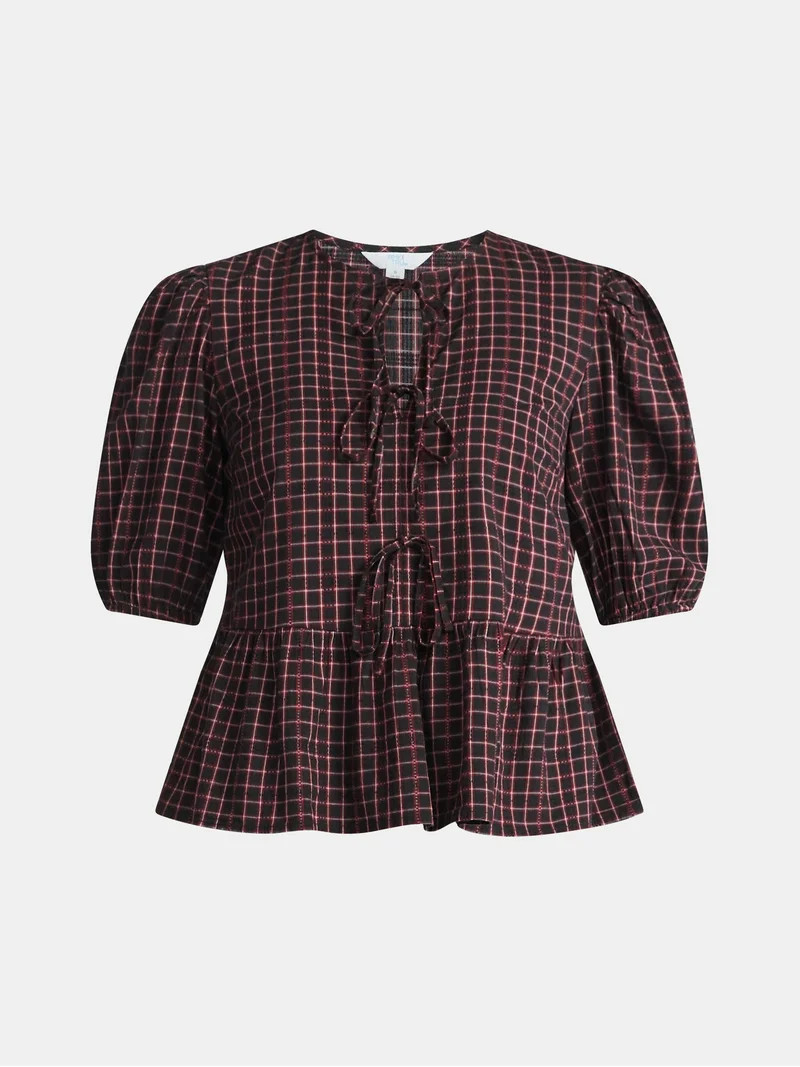 Time and Tru Women's Tie Front Peplum Top with Short Puff Sleeves, Size XS – XXXL | Walmart (US)