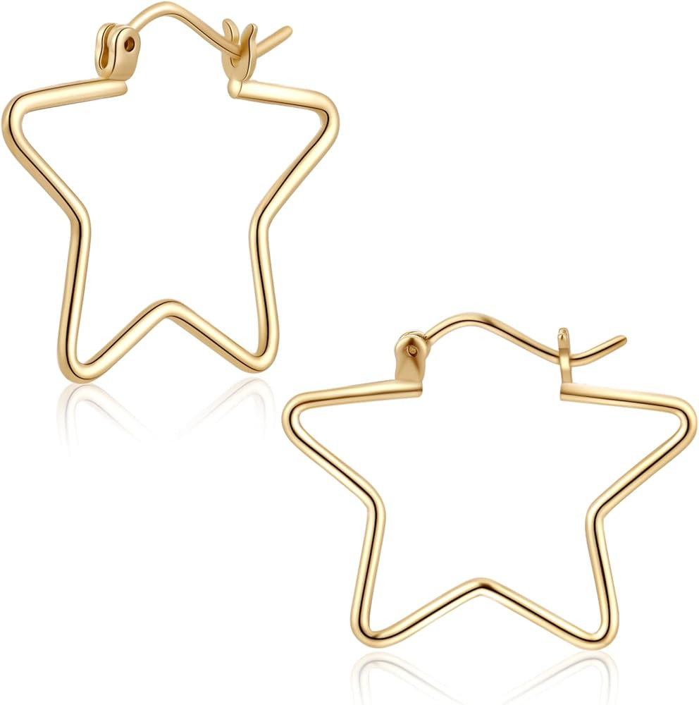 ToHeart Gold Star Hoop Earrings 14k Star Hoop Earrings Hypoallergenic Lightweight Fun Earrings | Amazon (US)