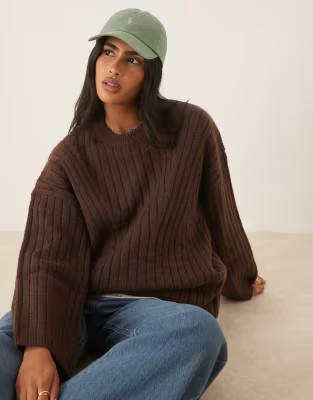 ASOS DESIGN longline crew neck jumper in rib in chocolate | ASOS (Global)