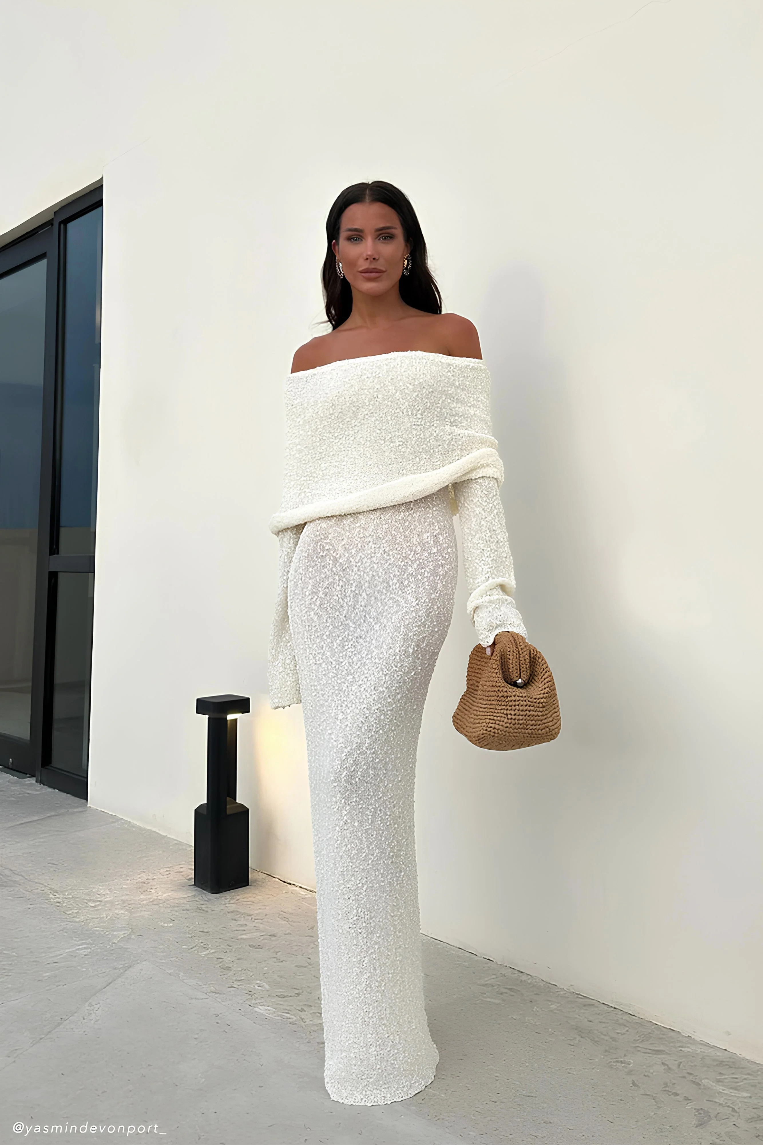 Off Shoulder Boucle Maxi Dress - Ivory | MESHKI US