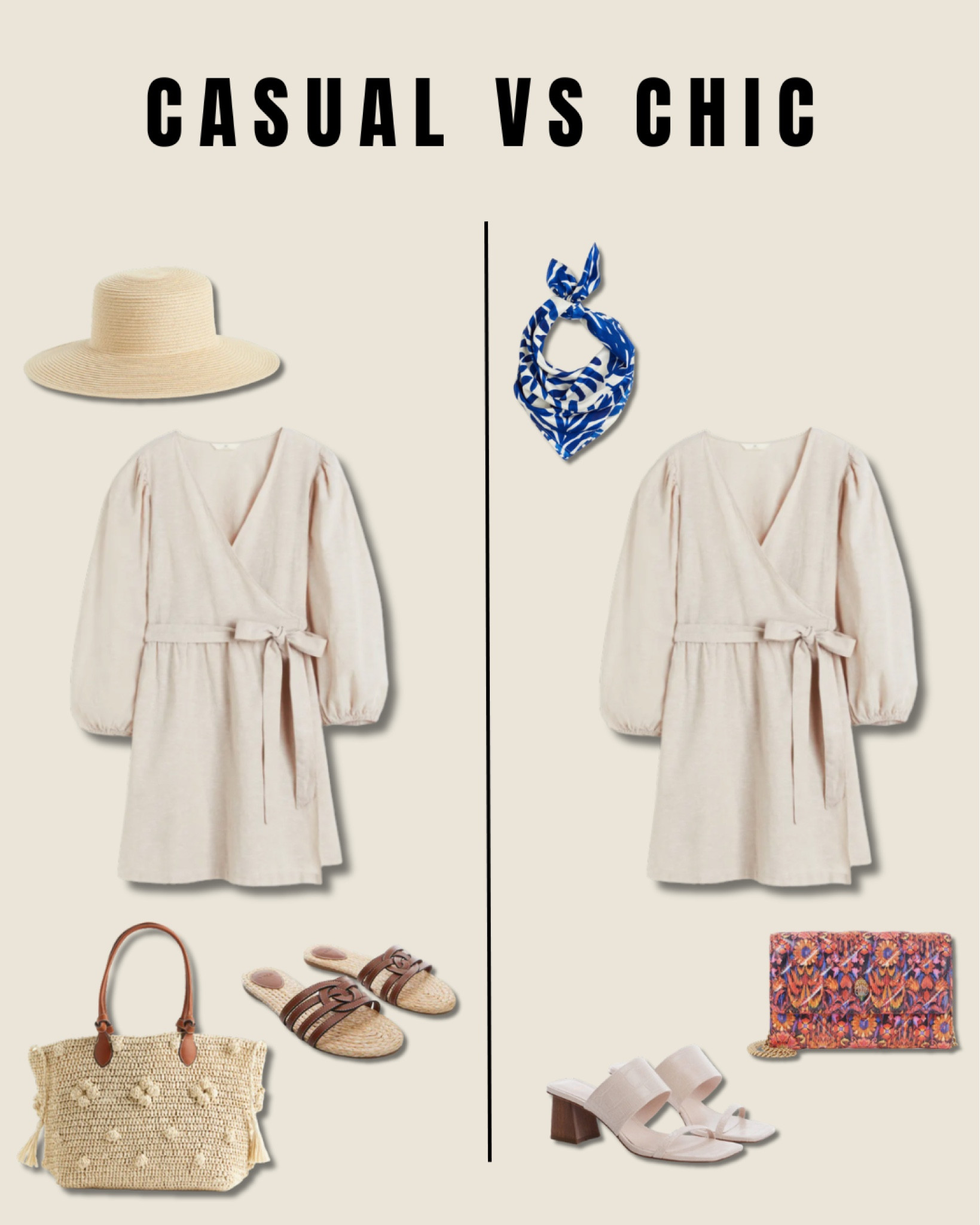 Casual versus chic 

Same dress different accessories.

outfit inspiration, summer outfit, H&M, Mango, straw hat, sandal with contrasting straps, handmade straw shopper, linen dress, satin scarf, sandals with wide heels and crocodile leather look, Kurt Geiger, Kensington clutch, de Bijenkorf, Netherlands. 

#LTKeurope #LTKsalealert #LTKstyletip
