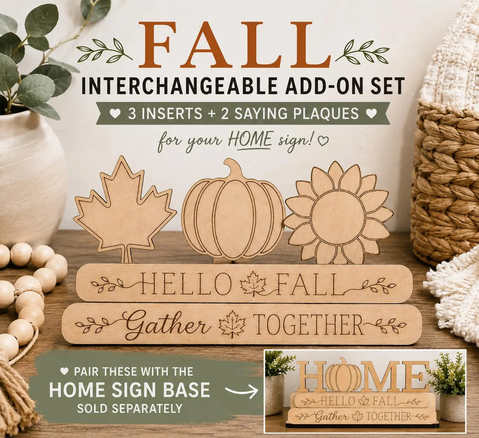 Fall Interchangeable Wood Sign Inserts, Pumpkin, Sunflower, Maple Leaf, Hello Fall, Gather Togeth... | Etsy (Global)