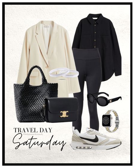 travel outfit, travel style, vacation style, airport outfit, leggings outfit, Nike air max dawn, braided leather bag, Amazon bag, Amazon dupe, Apple Watch strap, celine sunglasses, triomphe sunglasses, cream blazer, black shirt, blazer cuffs  

#LTKstyletip #LTKtravel #LTKeurope