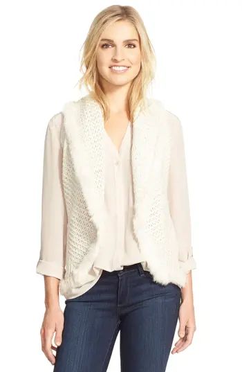Women's Love Token Knit Vest With Genuine Rabbit Fur Trim, Size X-Small - White | Nordstrom