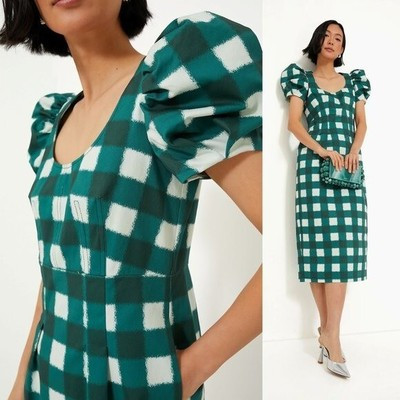 Tuckernuck NEW Green Juniper Warped Gingham Puff Sleeve Midi Dress Size M  | eBay | eBay US