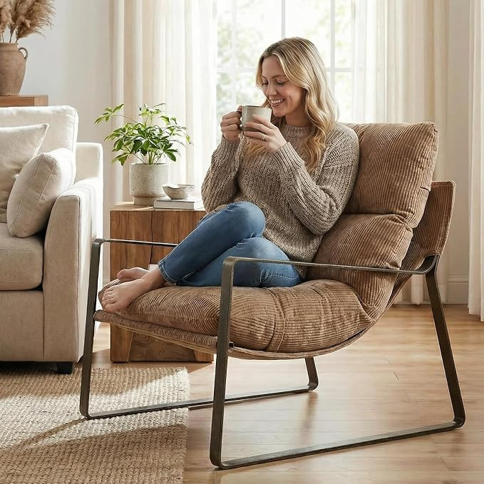 Modern Chenille Accent Armchair, Upholstered Lounge Chair with Brass Metal Frame Thickened Cushio... | Amazon (US)