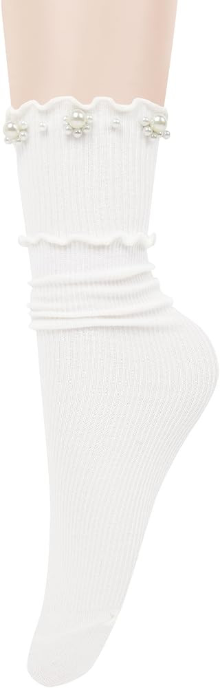 Violet Mist Women Colorful Ruffle Socks with Pearls Cute Lolita Solid Color Frilly Pearl Cotton S... | Amazon (US)