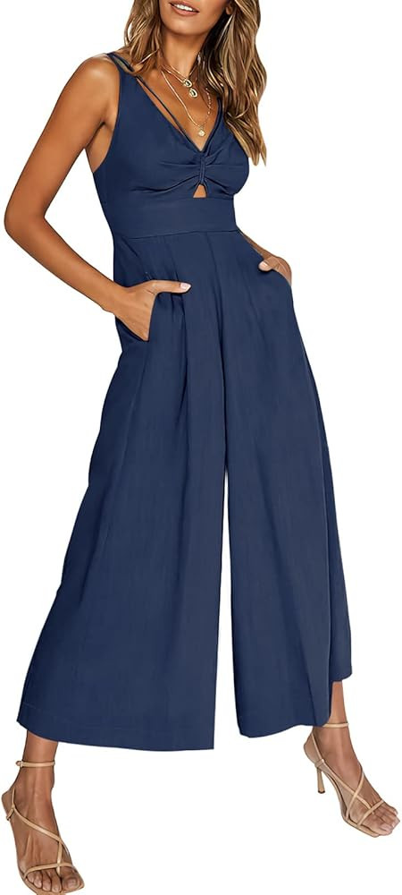ANRABESS Women's Summer Wide leg Jumpsuits V Neck Smocked Cutout High Waist Thick adjustable stra... | Amazon (US)