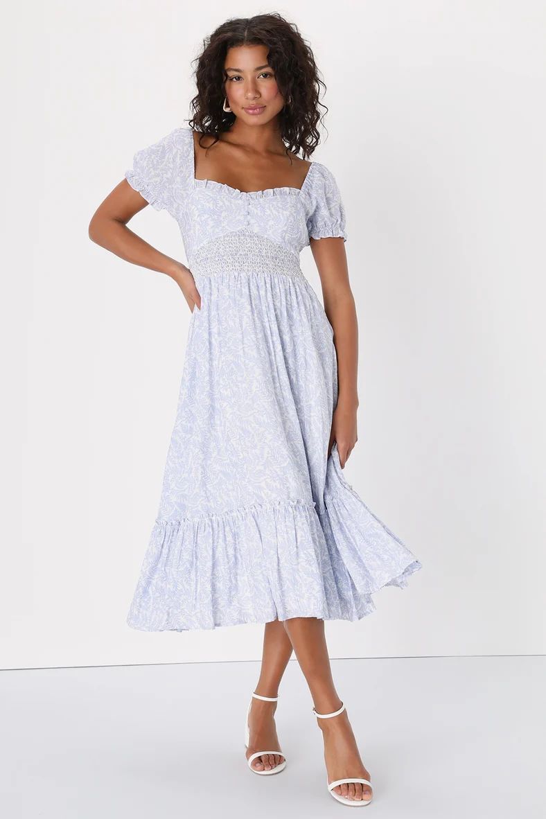 Dreamy Darling Blue and White Floral Puff Sleeve Midi Dress | Lulus (US)