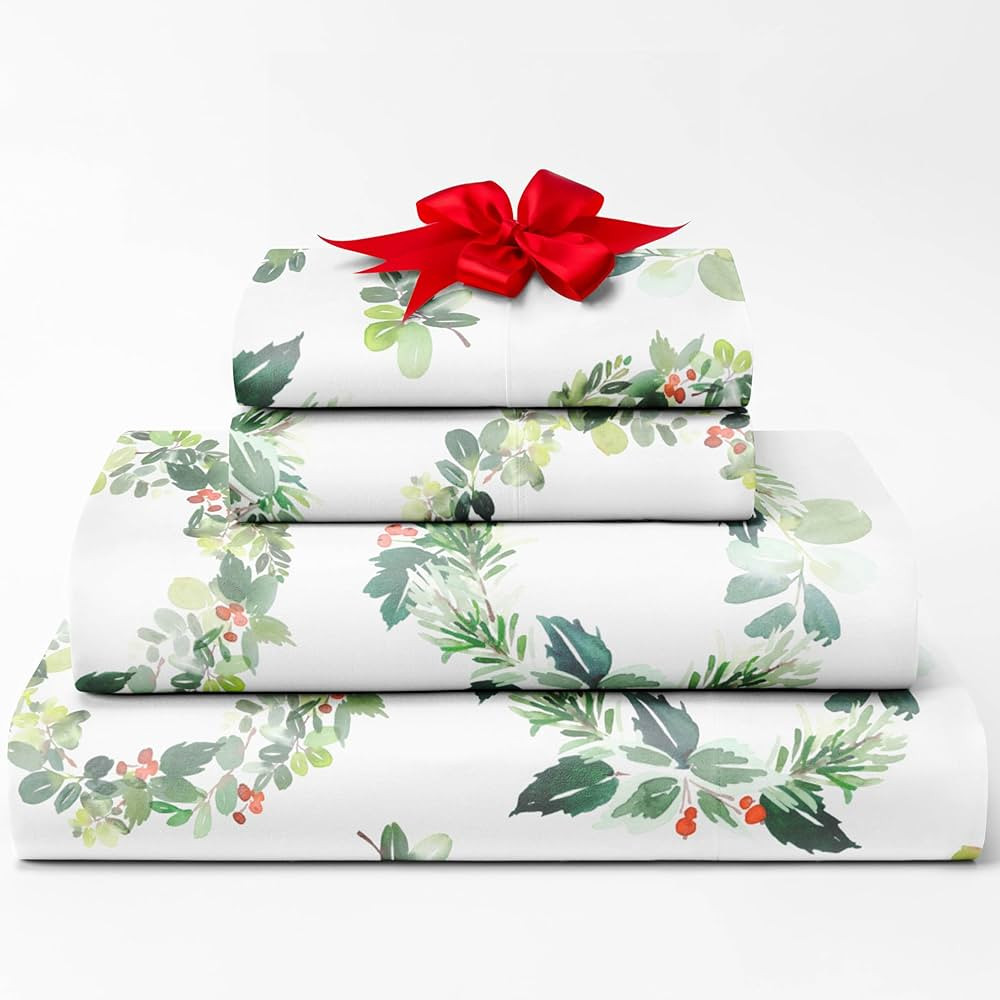 King Christmas Holiday Wreath Sheet Set - Holiday Xmas Pattern Linen Set - Deep Pockets - Snug Fi... | Amazon (US)
