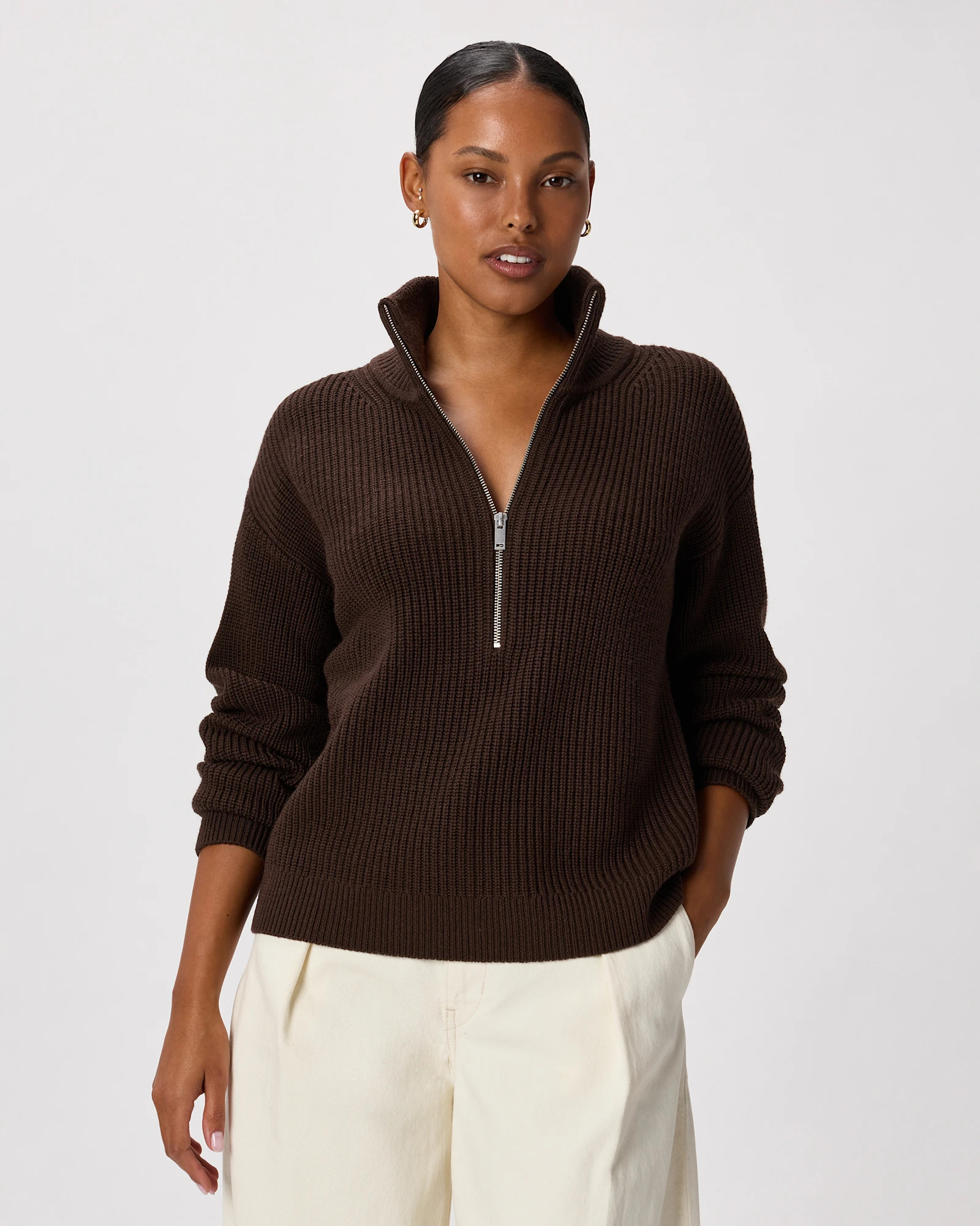 Quince | Women's Australian Merino Wool Half Zip Sweater in Heather Bone, Size Large | Quince
