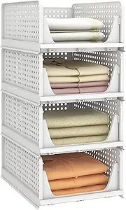 Pinkpum Stackable Plastic Storage Basket, Foldable Closet Organizers and Storage Bins 4 Pack Draw... | Amazon (US)