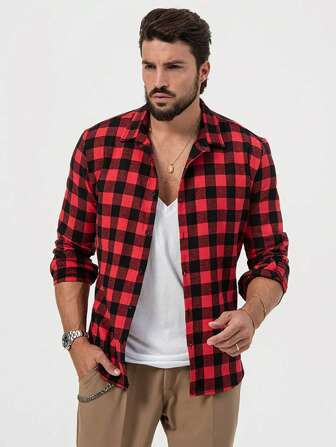 Men's Plaid Button-down Long Sleeve Shirt | SHEIN
