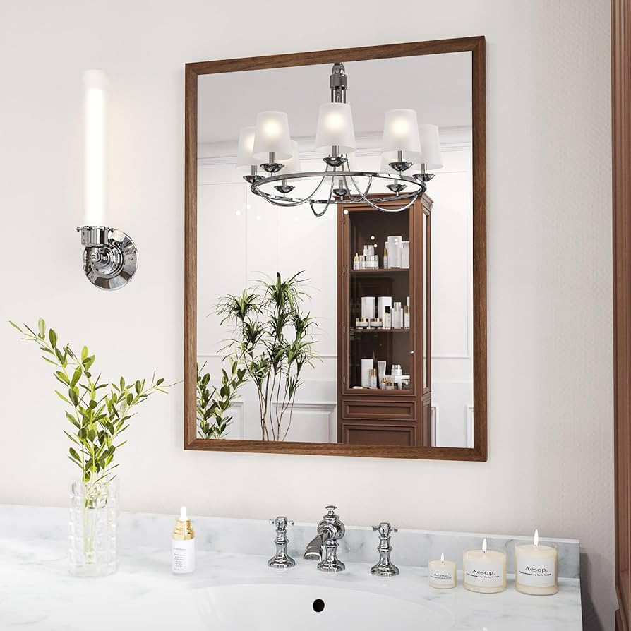 WEER Walnut Bathroom Mirror, Walnut Framed Mirror 22X30 Inch, Rectangle Wall Mounted Bathroom Van... | Amazon (US)