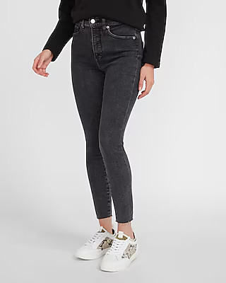 High Waisted Black Raw Hem Skinny Jeans | Express