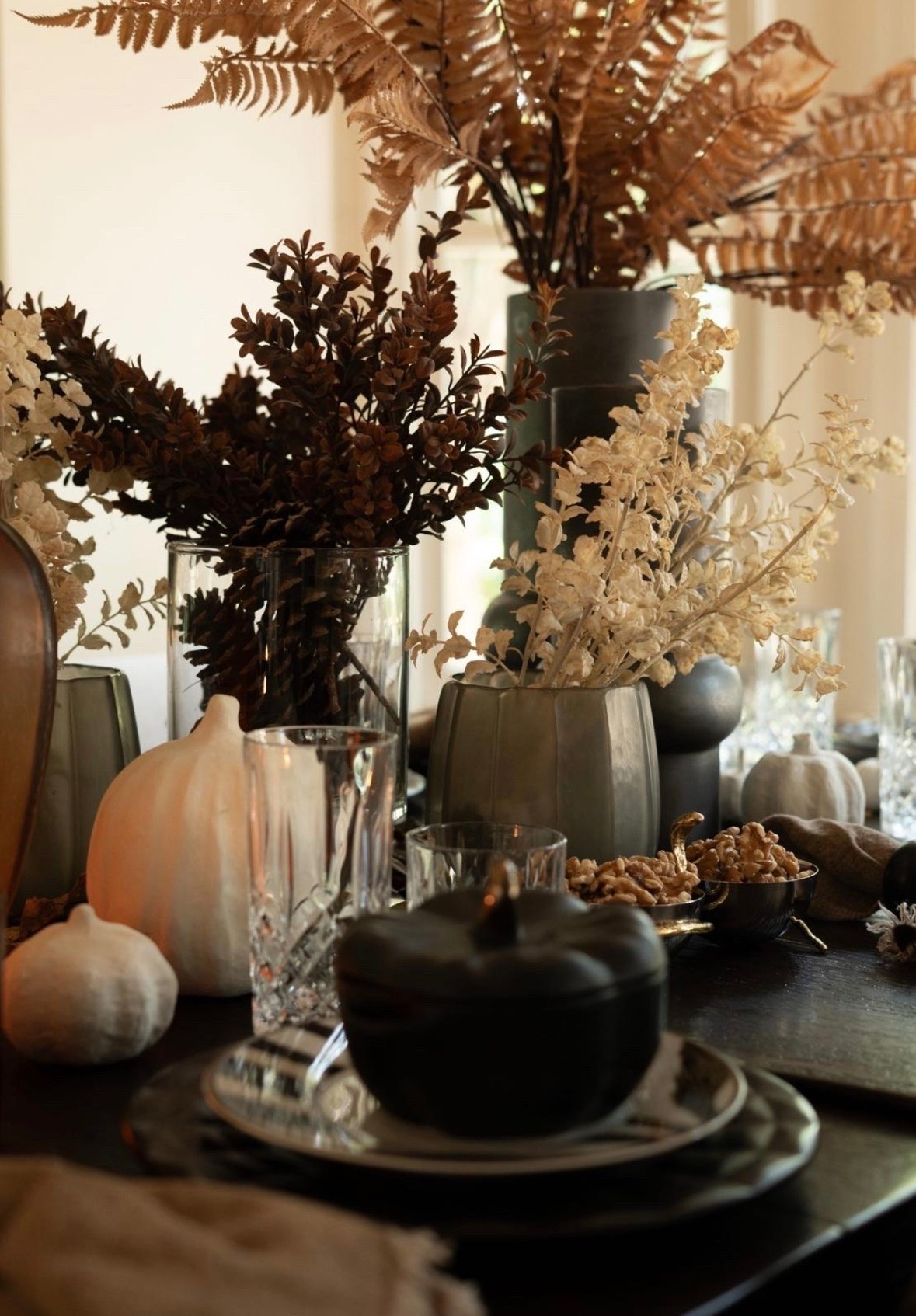 This fall table setup has me absolutely swooning! The dramatic black dinnerware create such a bold, cozy vibe and I layered in crystal glassware, neutral linens, and sculptural florals for a look that’s both modern and timeless. This tablespace is seriously next-level fall style! 

 #LTKStyleTip

#LTKSeasonal #LTKHome #LTKSaleAlert