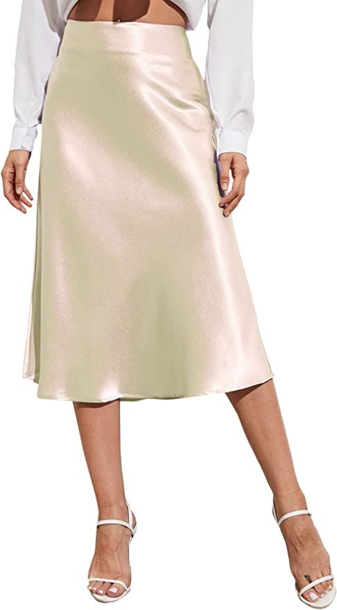Verdusa Women's Elegant Zip Up Side High Waist A Line Satin Midi Skirt | Amazon (US)