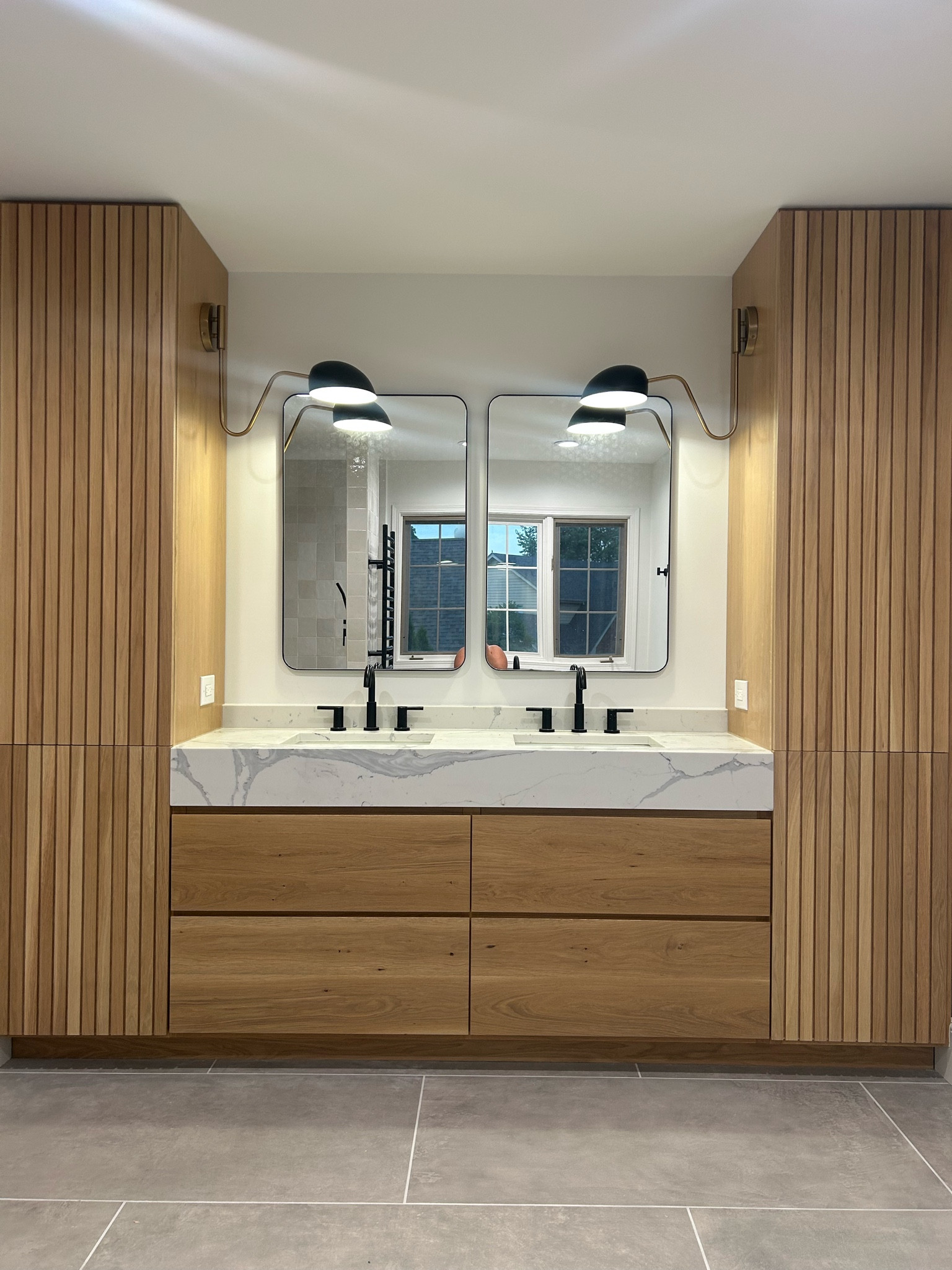 Bedrosians cloe tile Thaddeus tile towel warmer heated quartz bench shower white oak cabinet 

#LTKhome