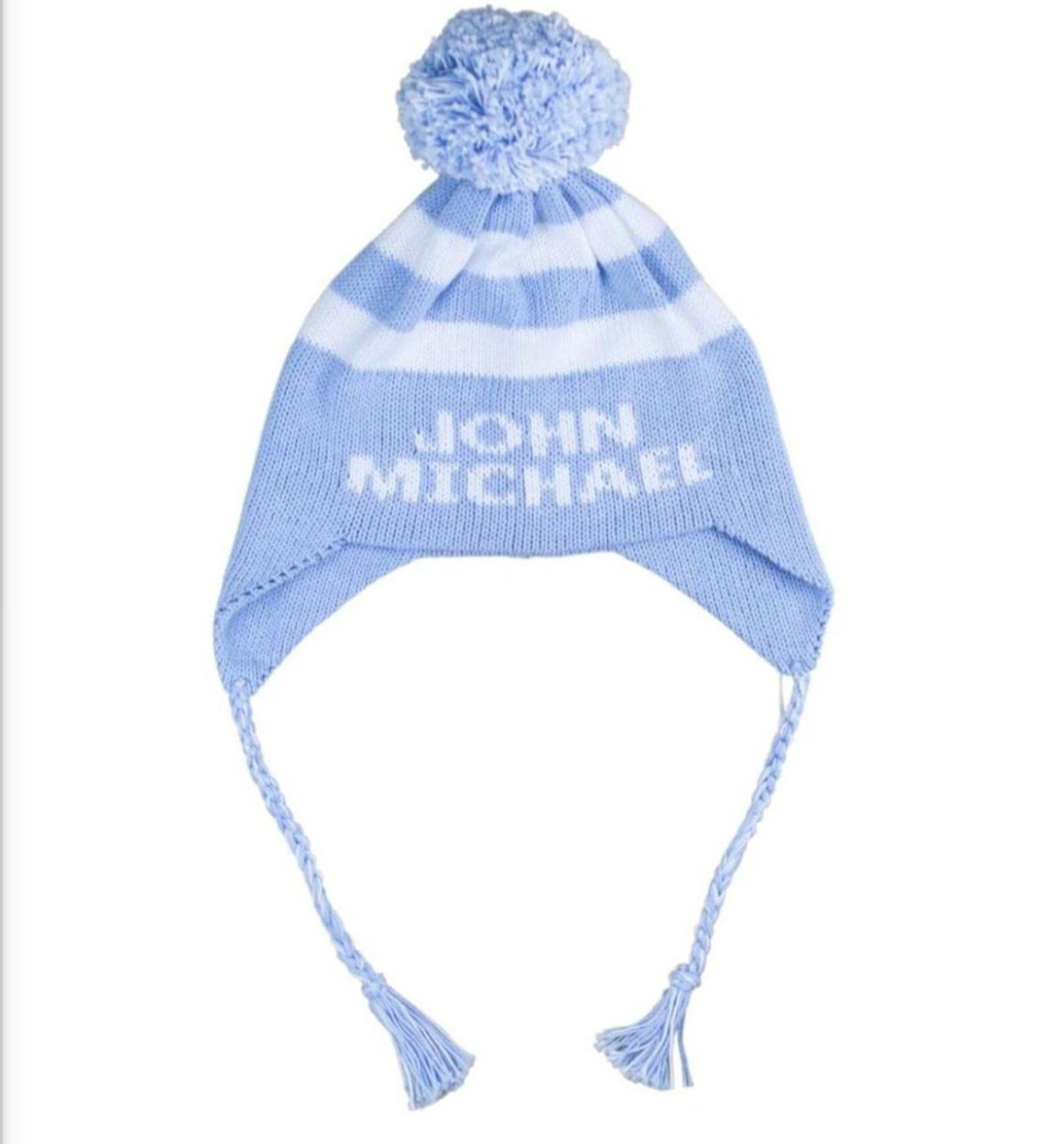 Personalized Ear Flap Hat, Pompom Earflap Striped Beanie, Baby Name Hat Pom Pom, Winter Striped P... | Etsy (US)