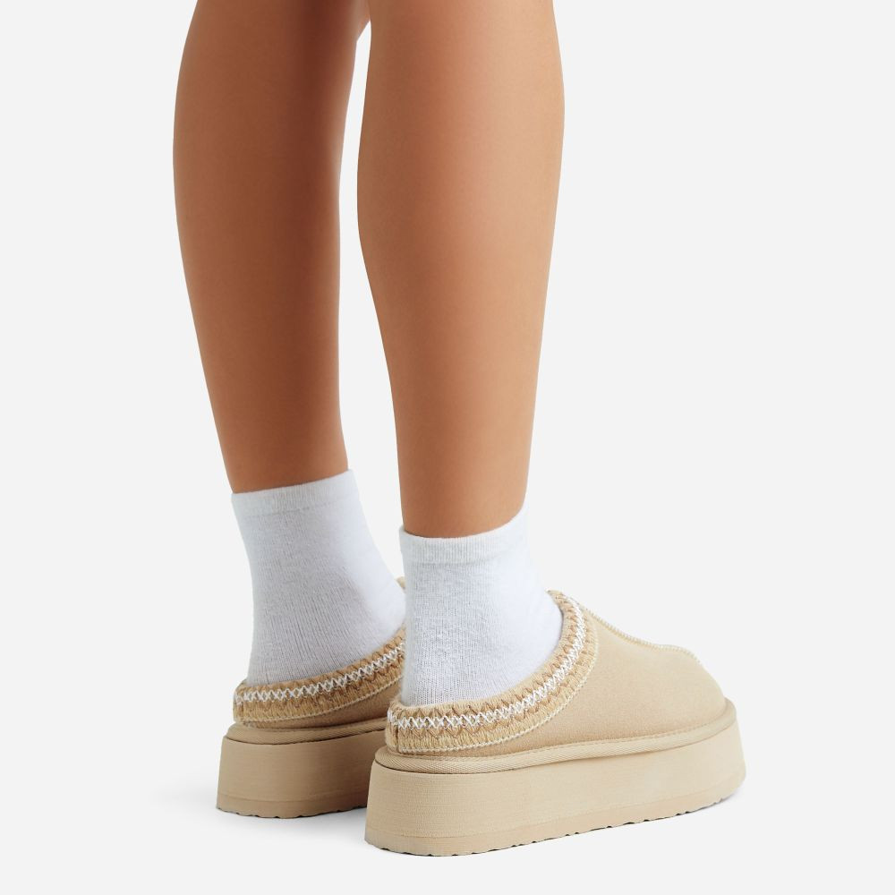 Tazmin Aztec Detail Faux Fur Lining Platform Slipper In Sand Faux Suede | EGO (UK)
