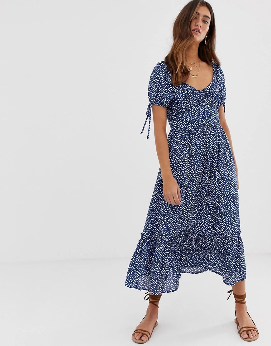 Moon River balloon sleeve flounce-hem midi dress-Blue | ASOS (Global)