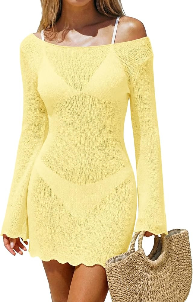 Saodimallsu Womens Swimsuit Cover Up Long Sleeve Sheer Mesh Knit Mini Dress Backless Tie Summer B... | Amazon (US)