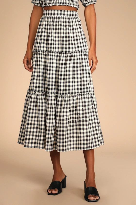 Sweet Together Black and Ivory Gingham Tiered Midi Skirt | Lulus (US)