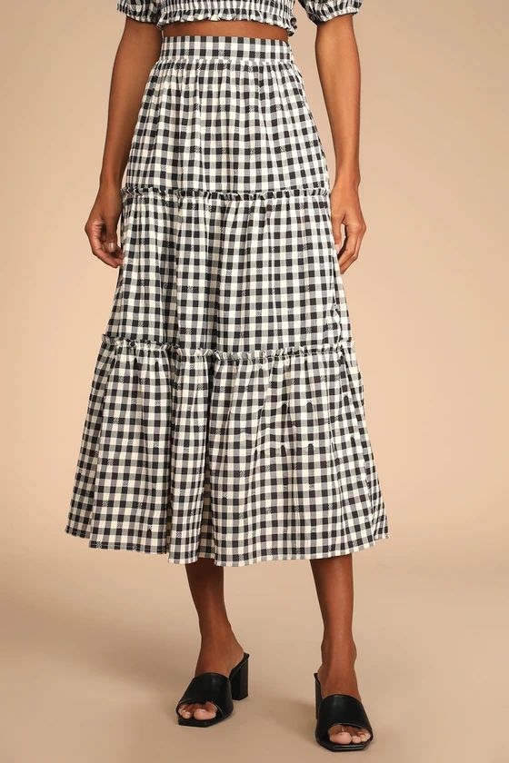 Sweet Together Black and Ivory Gingham Tiered Midi Skirt | Lulus (US)