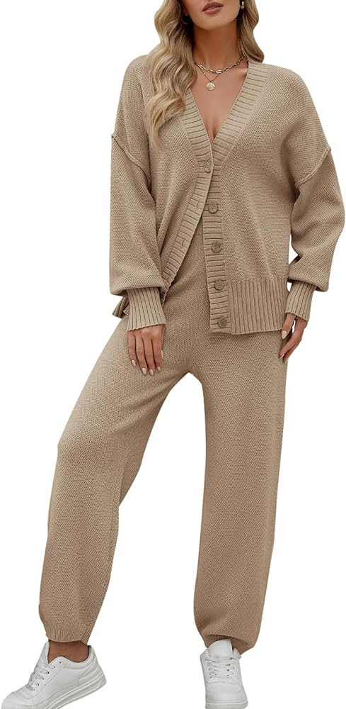 MEROKEETY Women's 2 Piece Outfits Sweater Sets Waffle Knit Cardigan and High Waist Pants Lounge S... | Amazon (US)