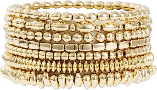 Gold Plated Beaded Bracelets for Women Trendy, 14K Gold Plated Stack Cross Pearl Gold Plated Bead... | Amazon (US)