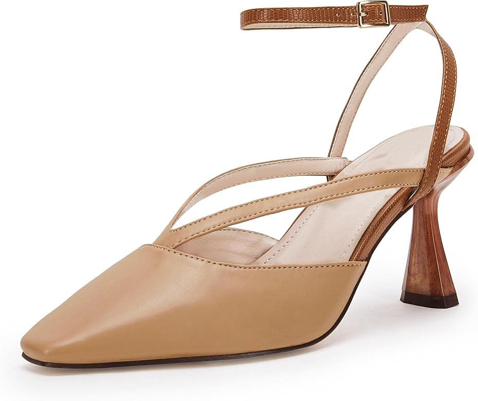 Coutgo Womens Kitten Heels Pumps Ankle Straps Closed Toe Slingback Dress Wedding Sandals Shoes | Amazon (US)