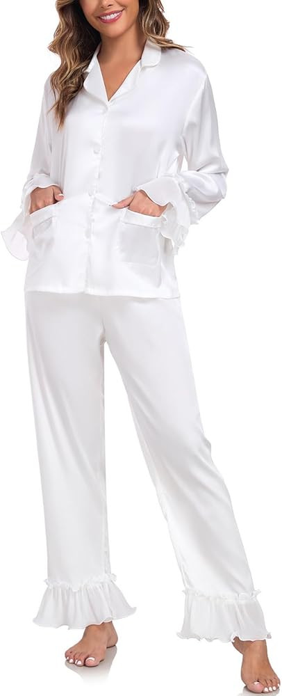 BestWendding Womens Silky Pajamas Ruffle Hem Long Sleeve Collar Shirt and Long Pants Button Up Lo... | Amazon (US)