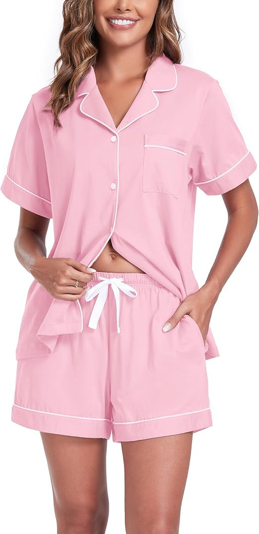 ANLIQI Womens Cotton Pajama Sets Short Summer Pjs Sets Soft Button Down Sleepwear Short Sleeve Sh... | Amazon (US)