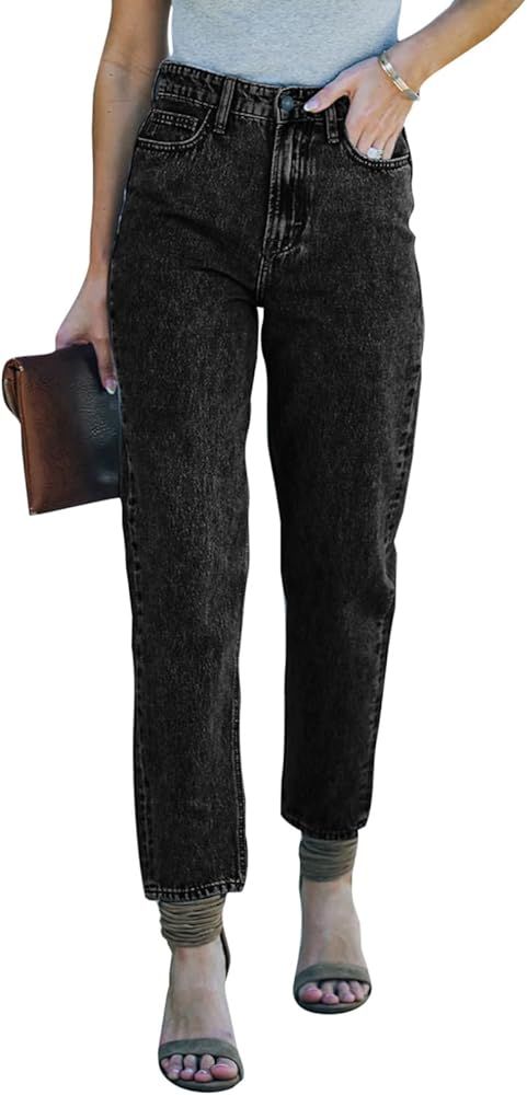 Amazon.com: Sidefeel Womens High Waist Mom Jeans Washed Stretch Loose Fit Denim Pants US6 Black :... | Amazon (US)