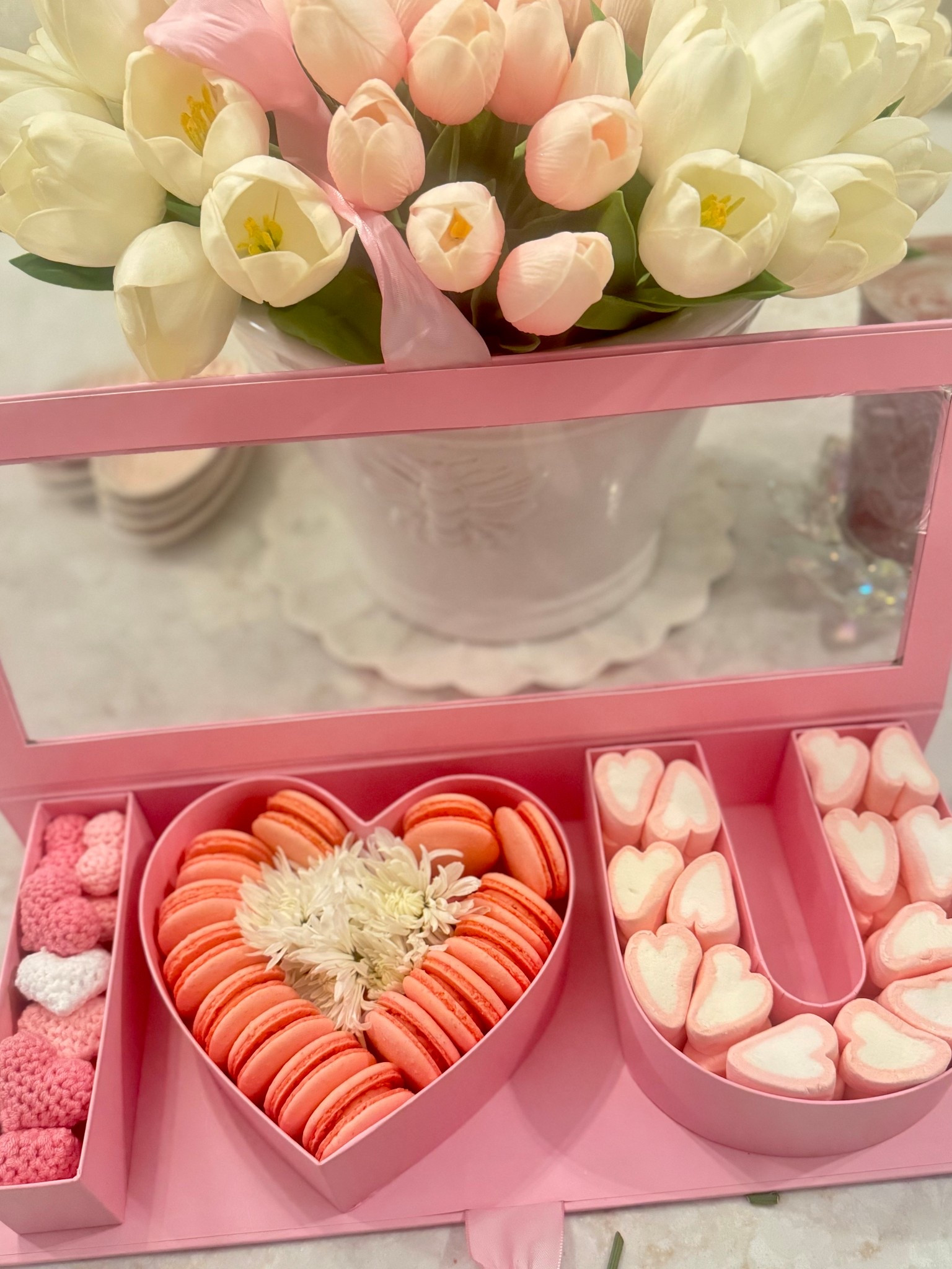 A Valentine’s Day showstopper that’s equal parts pretty and delicious 💗
This pink keepsake box layers soft faux tulips with heart-shaped macarons and sweet candy treats for the ultimate Valentine aesthetic. Perfect for gifting, a Galentine’s gathering, or styling on a kitchen counter or dessert table when you want something festive but elevated. Reusable box makes it just as fun after the sweets are gone. 💕

#LTKSeasonal #LTKValentines #LTKHome #LTKGiftIdeas #ValentinesDecor #PinkDecor #ValentinesInspo #SweetDetails #GalentinesDay #HolidayDecor

#LTKValentine #LTKfoodie #LTKSeasonal