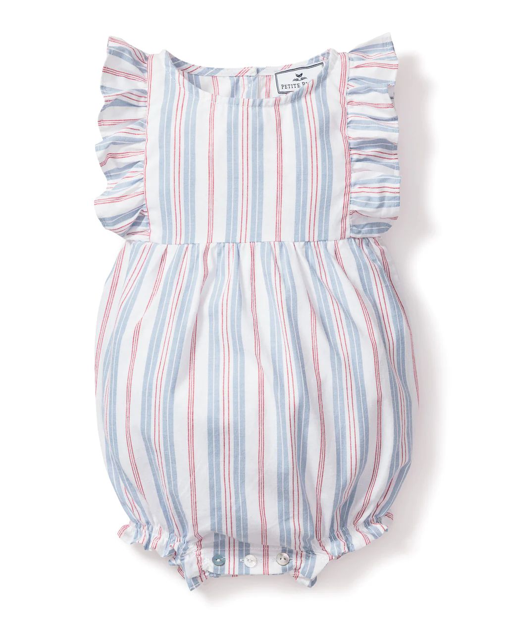 Baby's Twill Ruffled Romper in Vintage French Stripes | Petite Plume