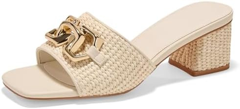 Women's Raffia Slide Sandals Square Open Toe Sandal Chunky Heeled Metal Chain Dressy Shoes | Amazon (US)