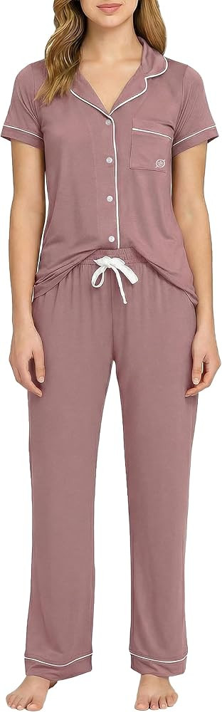 BORN Womens Button Down Pajama Set, Short Sleeve PJ Set with Pants | Soft & Breathable | Amazon (US)