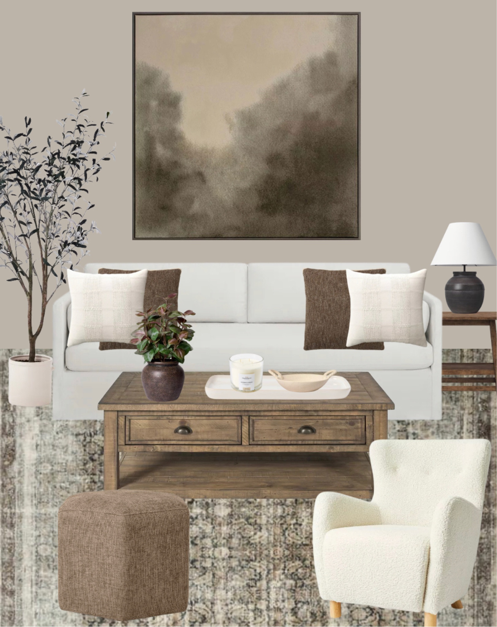Create a stunning living room with rich dark tones and a vintage aesthetic! This design exudes character and charm, perfect for any home. Scroll below to shop the look and bring this timeless style to your space! #LivingRoomInspo #VintageDecor #DarkTones #HomeDesign #ShopTheLook #InteriorDesign

Living room 
Living room decor 
Dark tone living room  
Vintage living room design  
Cozy living room decor  
Timeless home aesthetic  
Vintage furniture finds  
Rich color palette  
Dark wood accents  
Living room inspiration  
Vintage home decor  
Cozy decor 
Cozy home decor 
Elegant living space  
Stylish home accents  
Home design ideas  
Shop the look  
Classic interior design  
Warm and inviting living room  
Beige sofa 
Farmhouse coffee table 
Wooden end table
Wooden accent table 
Amber Lewis rug 
Boucle sofa chair 
Olive tree
Wall art
Wall decor 
Black table lamp
Brown ottoman 
Coffee table decor 
Throw pillows 

#LTKStyleTip #LTKSeasonal #LTKHome