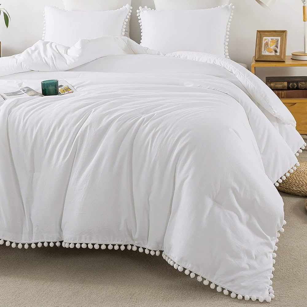 Litanika White Pom Pom Fringe Comforter Full(79x90 Inch), 3 Pieces(1 Boho Comforter and 2 Pillowc... | Amazon (US)