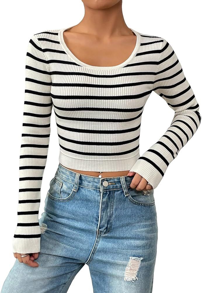 COZYEASE Women's Striped Print Scoop Neck Crop Sweater Long Sleeve Ribbed Knit Slim Fit Sweater T... | Amazon (US)