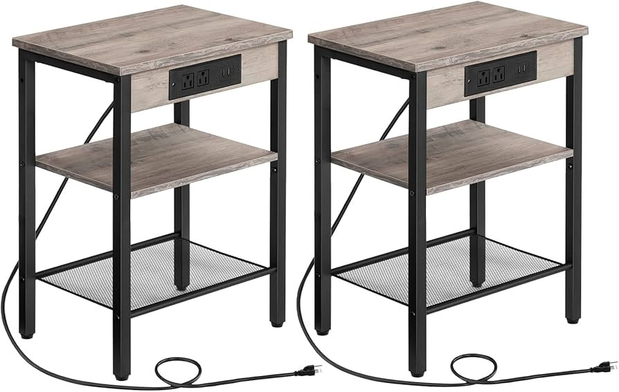 HOOBRO End Table Set of 2 with Charging Station and USB Ports, 3-Tier Nightstand with Adjustable ... | Amazon (US)