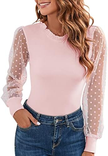 MISSJOY Women's Mock Turtle Neck Long Sleeve Polka Dot Sheer Mesh Ribbed Ruffle Slim Fit Stretchy... | Amazon (US)