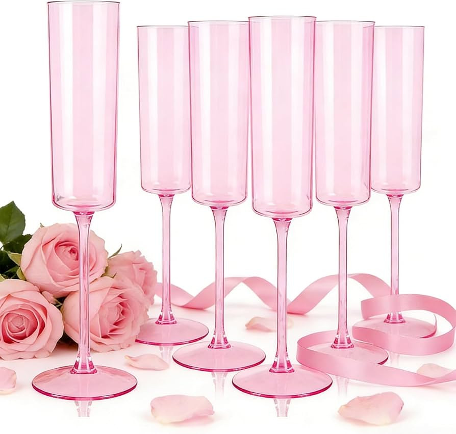 YOUBET 24 Pack Pink Plastic Champagne Flutes - 6 Oz Clear Pink Champagne Glasses - Square Plastic... | Amazon (US)