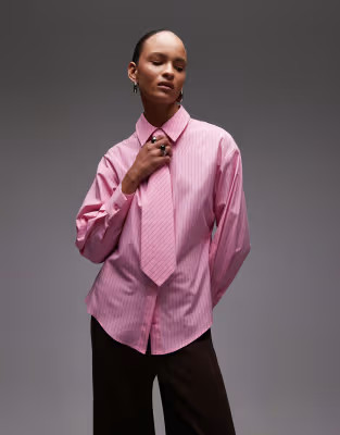 ASOS DESIGN regular fit tie detail shirt in pink stripe | ASOS (Global)
